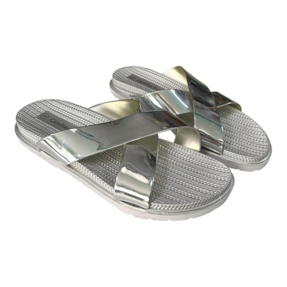 Carolina Bay 10 Silver Slide Sandals‎ Metallic Crisscross Straps Y2K Futuristic